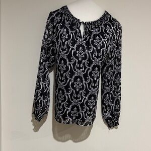 White House Black Market Ornate Black and White Blouse